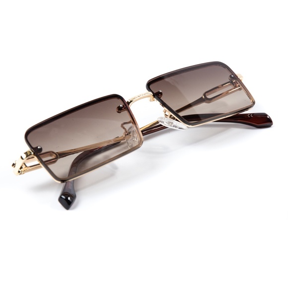 Mens Brown Tint Gold Frame Rimless Sunglasses - Picture 2 of 5